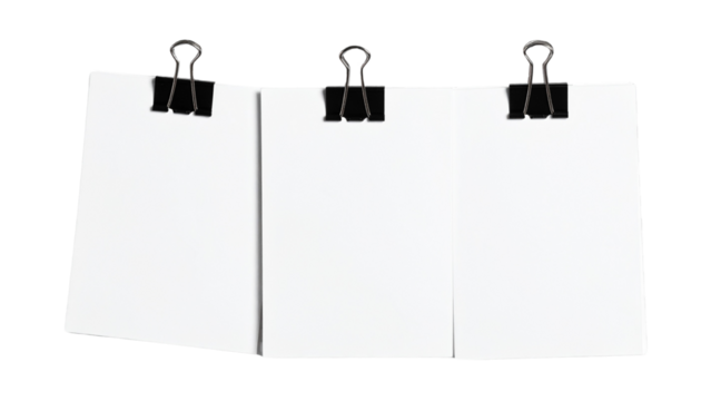 Blank white paper sheets with corner folded held together by a black binder clip on isolated on white transparent background PNG cutout
