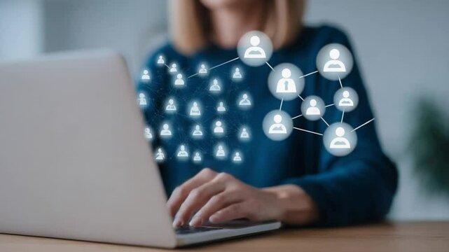 Person uses laptop for digital recruitment HR tech tools show on screen Process of finding right employee candidate Online headhunting for team building Modern recruitment methods EID