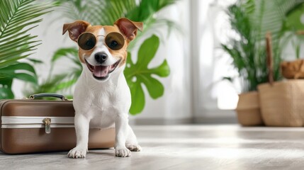 A cheerful dog wearing round sunglasses sits next to a suitcase on a sandy beach, hinting at a relaxing vacation or getaway.
