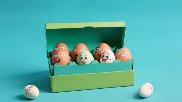 Easter Eggs in Box with Painted Faces and Cute Expressions on Blue Background