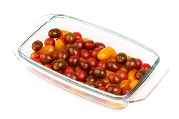 Mixed Cherry Tomatoes, Glass Bowl, isolated on white background