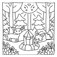Secret Forest – Bold and Easy Coloring Pages for All Ages | Magical Nature Scenes to Color | Line art vector illustration | Forest Coloring Page | animal coloring page | Print