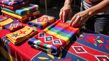 Woman folding colorful textiles at a market stall outdoors  
