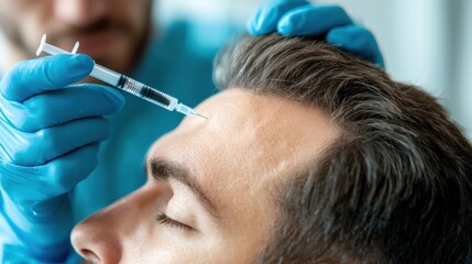 Close-up of a medical professional administering platelet-rich plasma PRP therapy to stimulate hair regrowth on a patient's scalp.
