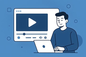 Person watching video on laptop blue and white cartoon illustration