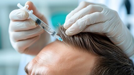 Close-up view of a medical professional administering platelet-rich plasma PRP therapy to promote hair regrowth and