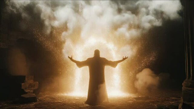 A wizard opening a magical portal intense light source smoke and spell particles fantasy energy 