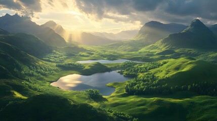 Wide landscape of the Scottish Highlands with lochs and rolling hills