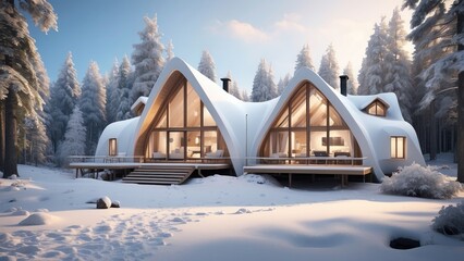 A cozy, modern cabin with a curved design is nestled among tall, snowy trees in a serene forest