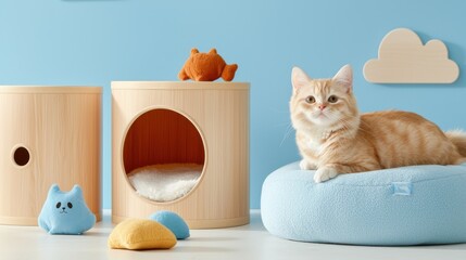 A comfortable and inviting indoor space designed for a cat to rest and relax, featuring a multi-level furniture setup with plush textures and modern, minimalist decor.