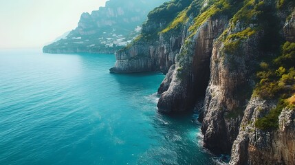 Panoramic view of the Amalfi coastline with cliffs and turquoise sea