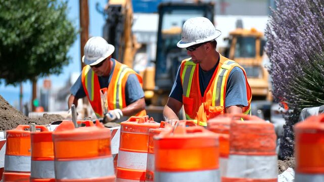 Afternoon light casts long shadows as workers carefully arrange cones and barriers to separate active construction zones from public traffic