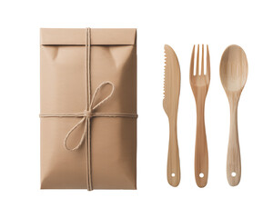 Eco-Friendly Bamboo Cutlery Set with Kraft Paper Package Isolated on transparent background. high resolution PNG file