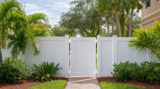 White vinyl fence with gate posts, door in Florida home Green plants, grass add privacy, security Residential yard, outdoor design, landscaping with barrier, backyard garden Daytime