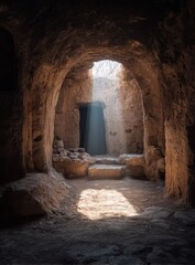 Sunbeam illuminates ancient stone arched cavern passage, revealing a doorway and stone steps leading to a darker interior
