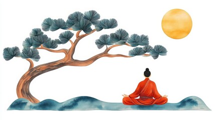 A serene meditation scene featuring a monk under a tree, basking in sunlight, promoting peace and tranquility.