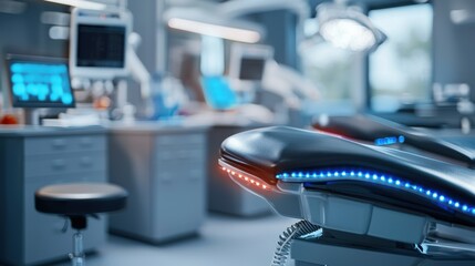 Innovative futuristic medical laser technology used for advanced hair loss treatment in a sleek, dark clinical setting.