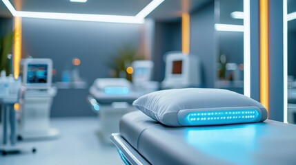 A sleek, high-tech medical laser treatment for addressing hair loss in a clean, minimalist dark environment with a focus on innovation and personalized care.