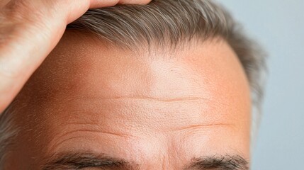 Detailed close-up view of thinning, graying hair on the scalp of an older adult man, highlighting the signs of natural hair loss due to the aging process.