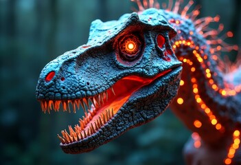Mechanical dinosaur under neon lights