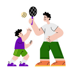 A flat style illustration showing father son playing