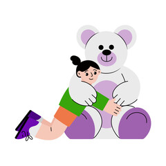 A flat style illustration showing a kid hugging toy