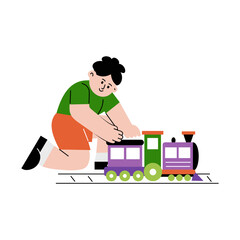 A flat style illustration showing a kid playing with toy train