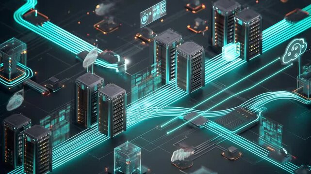 A highly detailed and futuristic data pipeline connecting multiple server storage systems, glowing data streams flowing through fiber-optic cables, interconnected data centers, racks - Powered by Adobe