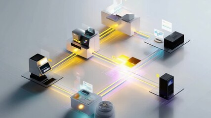 A high-quality, professional stock-style image showing an abstract but recognisable representation of multiple enterprise systems integrating via a central middleware or integration platfo