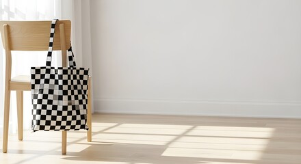 Minimalist Black and White Check Canvas Tote Bag Hanging on Wooden Chair in Bright Indoor Light