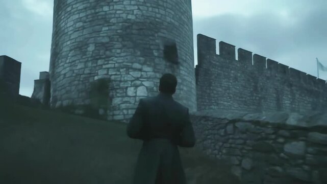 Noble medieval lord striding purposefully toward stone tower within fortified castle, dramatic cloudy sky casting mysterious atmosphere over historical landscape