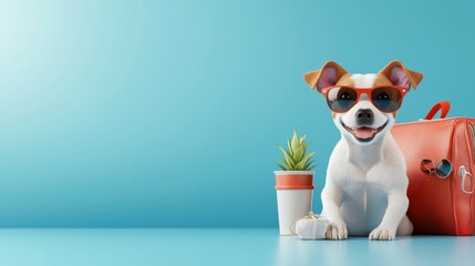 Adorable domestic dog wearing trendy sunglasses and sitting comfortably next to a travel bag, exuding a relaxed and playful mood during a summer adventure or vacation.