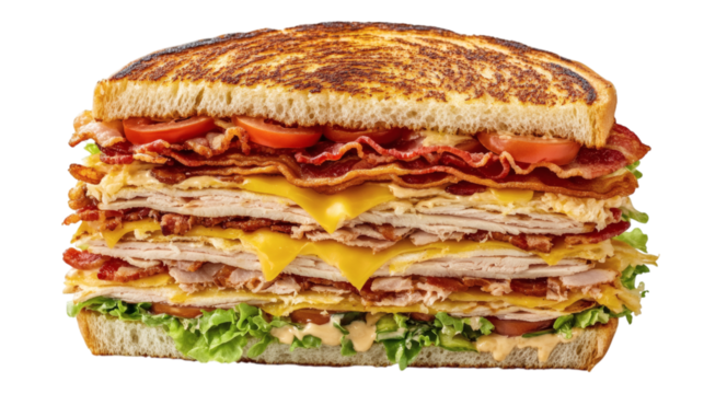 Stacked club sandwich layers with turkey, bacon, lettuce, tomato, and cheese isolated on transparent background 