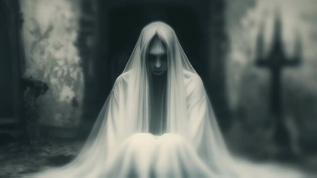 Creepy ghost woman sitting in a creepy haunted house, wearing white clothes, with a trident in the background, creating a gothic horror scene
