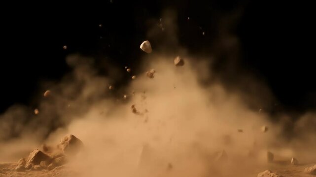 Close up view of debris, rocks, and dust flying rapidly through the air creating movement and impact footage.