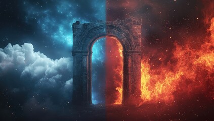 A stone archway, bisected by opposing elements; icy blue celestial swirls on one side, fiery orange flames on the other, suggesting duality and contrast