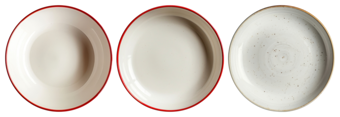 PNG Three elegant ceramic plates, element set on transparent background