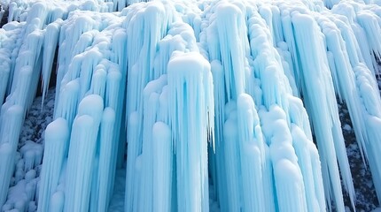 Obraz premium Intricate frozen waterfall texture: Detailed image with ice formations, sharp edges, and a range of blues and whites.