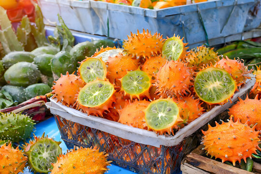 A vibrant display of freshly picked kiwano, glistening under the sun, ready for sale. African Spiny Melon, African Cucumber, Fruit of Paradise, Milu, Mino, Kiwuano, and Kiwano
