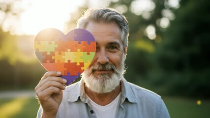 Older man holding colorful puzzle heart symbol. Autism awareness and support concept. World Autism Awareness Day footage.