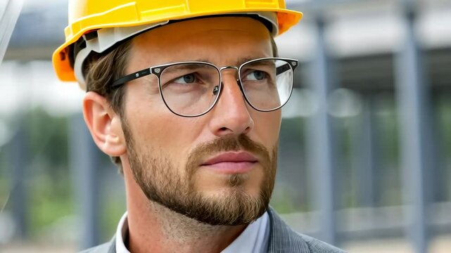 Construction planner evaluates project progress on site while wearing safety gear and business attire