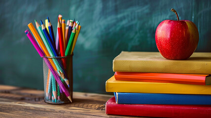 Back to school still life featuring pencils books and a shiny red apple