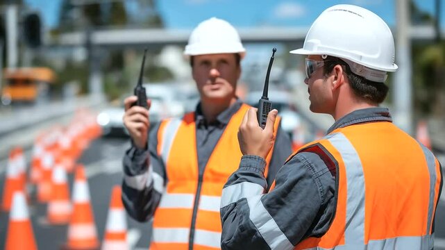 Construction workers use walkie-talkies while placing traffic cones in strategic positions, coordinating road safety measures at a busy city intersection
