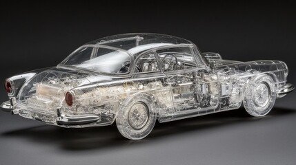 Fototapeta premium Intricately designed transparent car model showcasing internal mechanics and features in a modern display setup