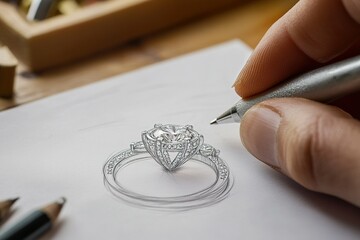 Jeweler drawing sketch of elegant ring on paper at wooden table, closeup