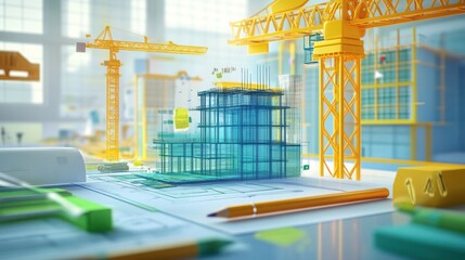 Construction project, blueprints, and cranes