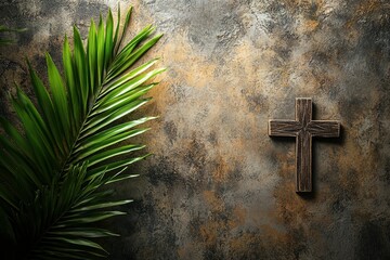 Lent season, Holy week and Good friday concept. Palm leave and cross on stone background