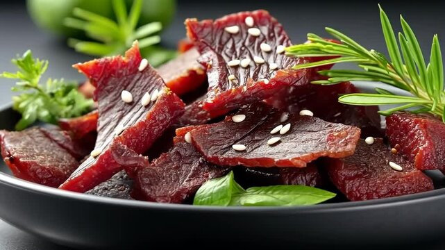 Savory beef jerky preparation with fresh herbs and spices in a kitchen setting