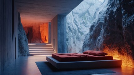 Modern cave bedroom with minimalist design and natural lighting in a unique rocky environment