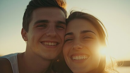 A cheerful senior couple smiles together on the beach during sunset.